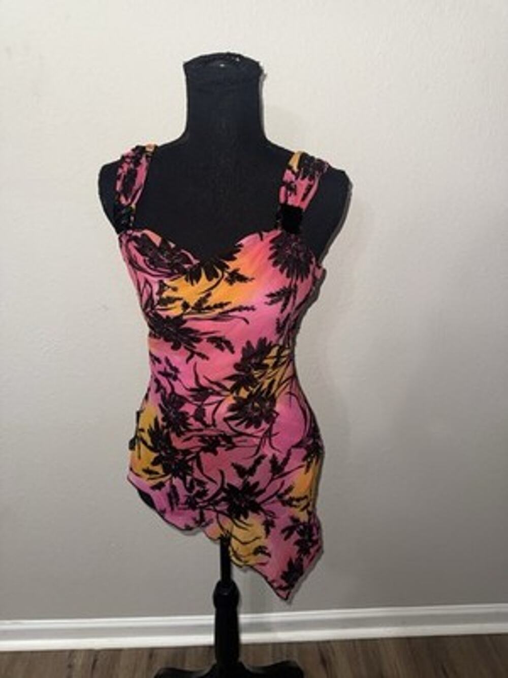 Caché Vintage 100% Silk Floral Asymmetric Hem Beaded Strap Cami Top Small